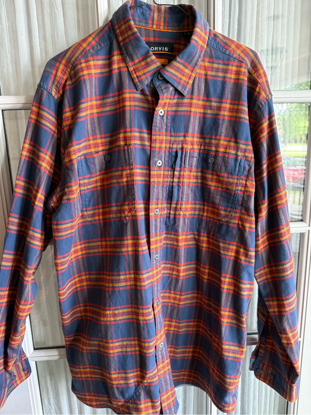 Orvis Men's Navy Plaid Flannel Shirt Red Orange Stripe Sz L Outdoor